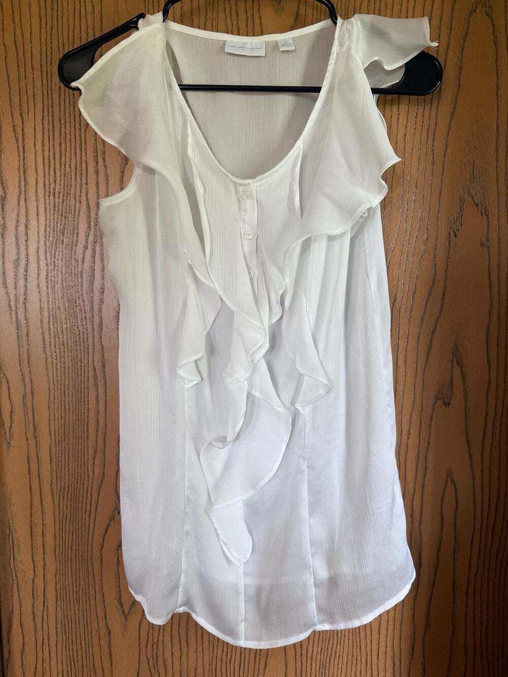New York & Company Women's White Sleeveless Ruffle Front V-Neck Stretch Blouse
